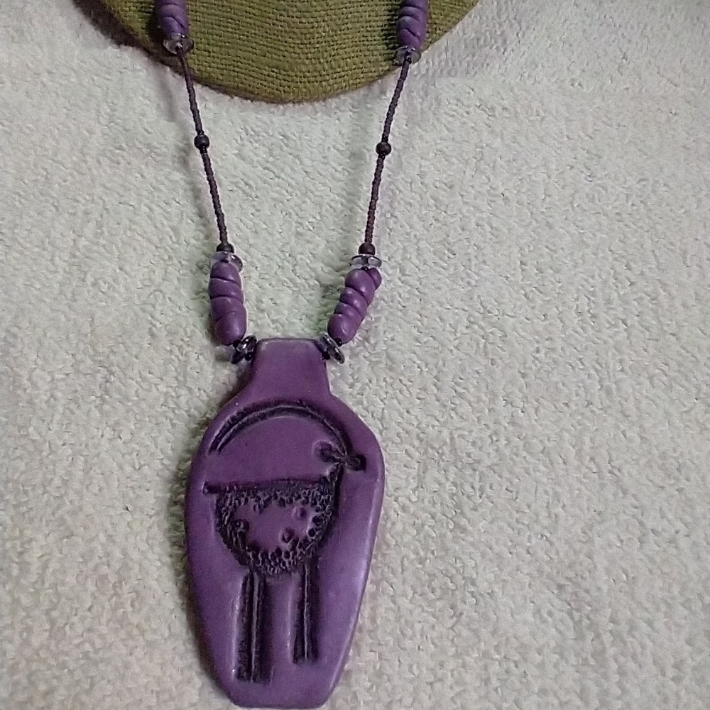 Purple clay tribal bird necklace beaded